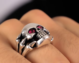 925 Sterling Silver Skull Ring Men, Silver Biker Punk Ring, Ruby Stone Eyes Skull Ring, Birthday Anniversary Gifts Jewelry Him Dad Boyfriend