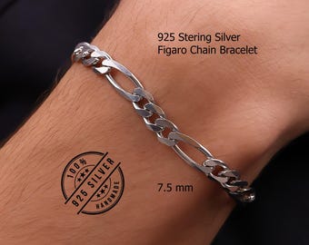 925 Sterling Silver Figaro Chain Bracelet Men, Figaro Link 925 Sterling Silver Figaro Chain Bracelet Men, Figaro Link