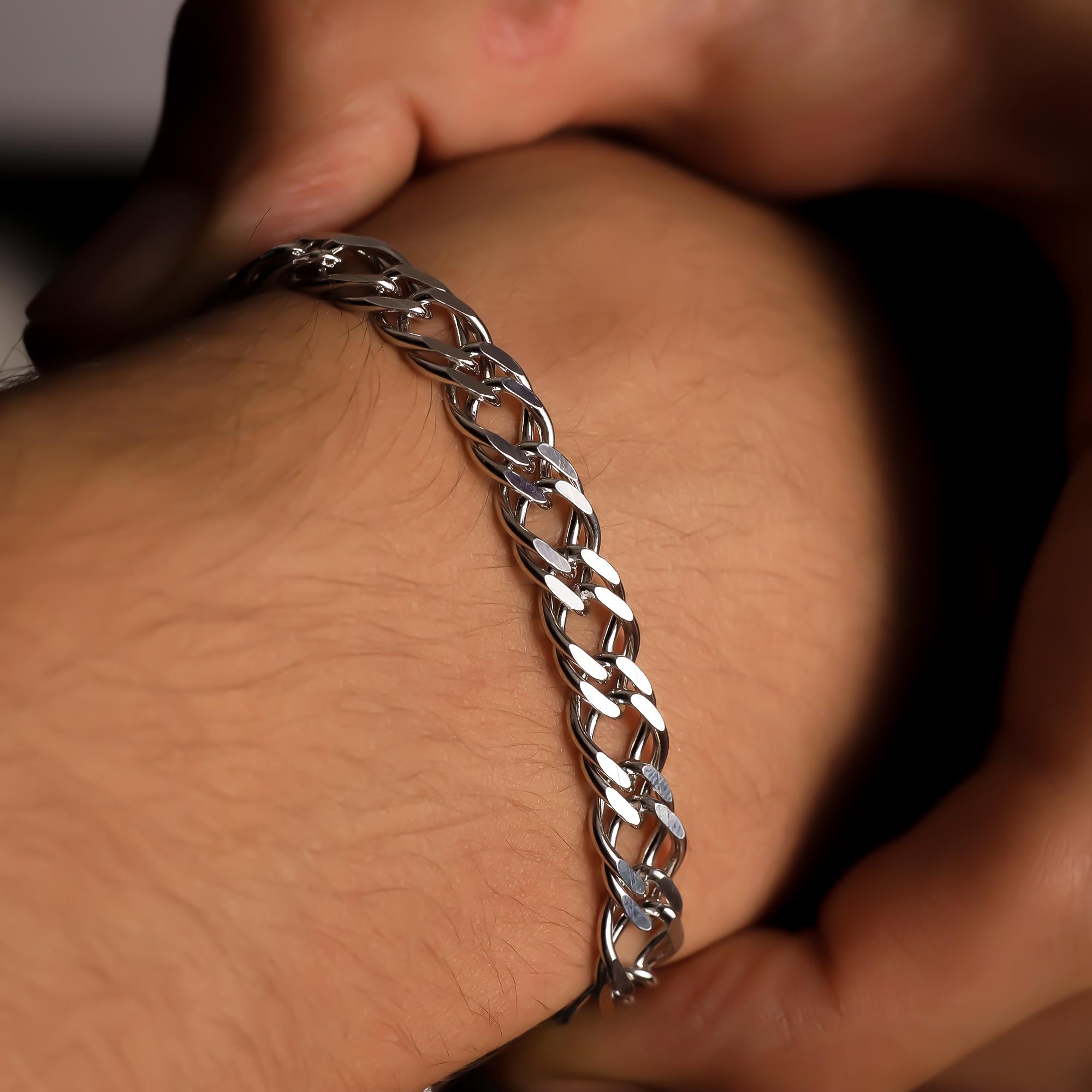 925 Sterling Silver Rambo Chain Bracelet Men, Double Curb Solid