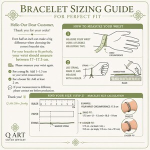 Pode incluir: Um infogr&aacute;fico de guia de tamanhos de pulseiras com texto verde-escuro sobre fundo claro. Inclui instru&ccedil;&otilde;es para medir a circunfer&ecirc;ncia do pulso com fita, corda ou r&eacute;gua, e c&aacute;lculos para determinar um ajuste justo ou solto.