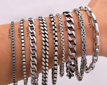 925 Sterling Silver Chain Bracelet Men, Cable Anchor, Cuban