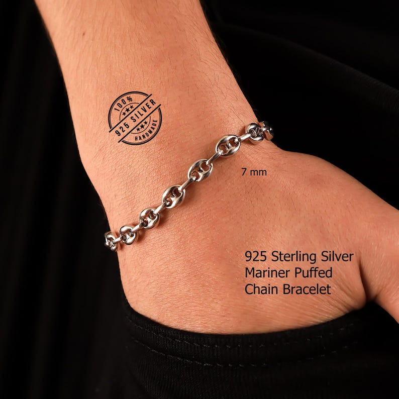 Sterling Silver mariner puffed Bracelet, 925 Silver mariner anchor Chain Jewelry, mariner Link Chain Bracelet, Silver mariner puffed Chain Accessory, Fine Silver Bracelet, Classic anchor Jewelry, Minimalist Silver Bracelet gift for men women her him