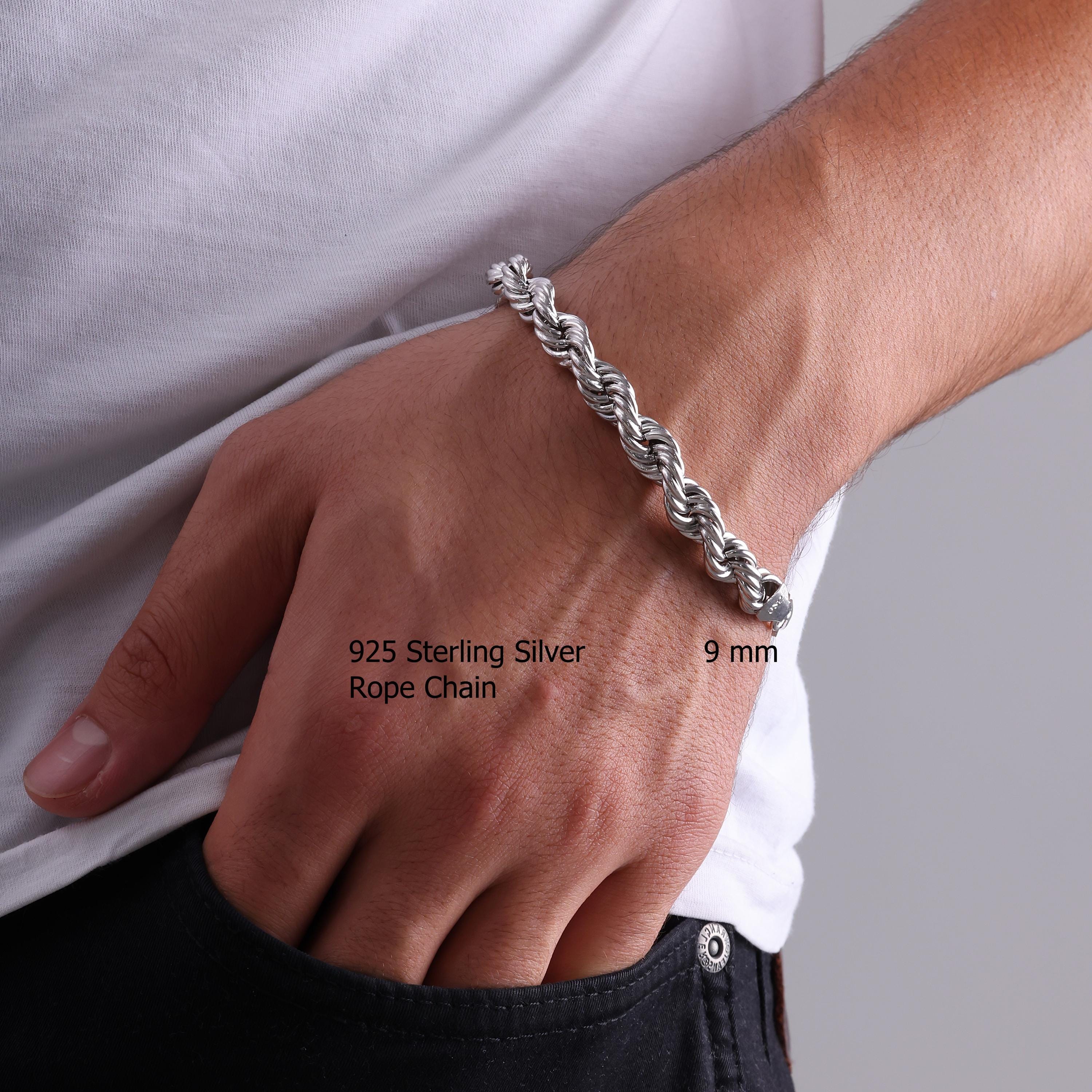 925 Sterling Silver Rope Chain Bracelet Men, Twist Diamond Cut