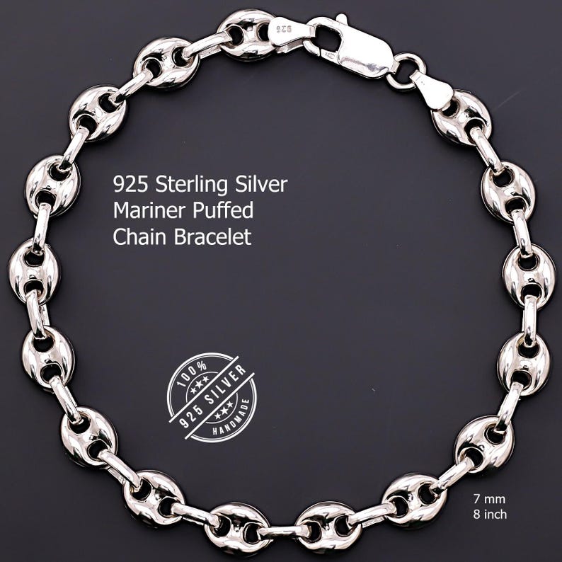 Sterling Silver mariner puffed Bracelet, 925 Silver mariner anchor Chain Jewelry, mariner Link Chain Bracelet, Silver mariner puffed Chain Accessory, Fine Silver Bracelet, Classic anchor Jewelry, Minimalist Silver Bracelet gift for men women her him