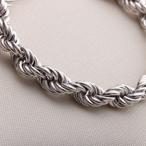 Pode incluir: Um colar de corrente tipo corda em tom prateado com um design cont&iacute;nuo de elos met&aacute;licos torcidos. A corrente possui uma superf&iacute;cie polida e reflexiva com um padr&atilde;o espiral repetitivo que cria uma apar&ecirc;ncia texturizada e arredondada.