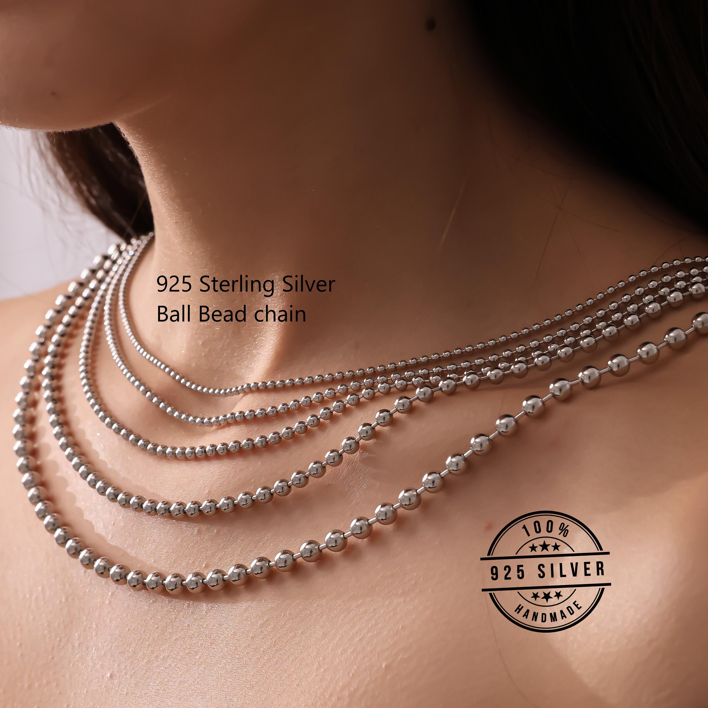 925 Sterling Silver Ball Chain Necklace Women, Bead Pendant Long