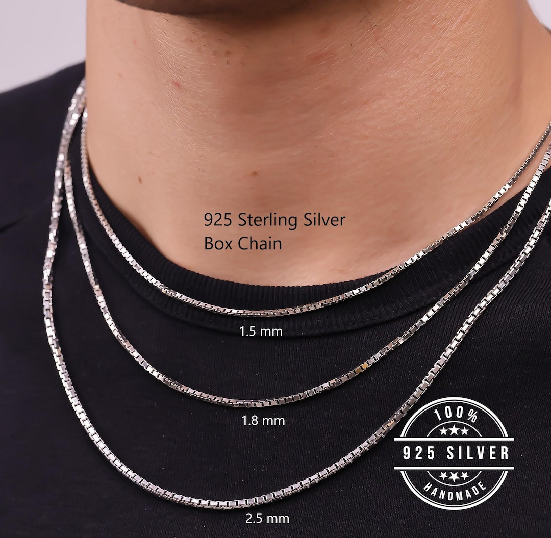 925 Sterling Silver Box Chain Necklace Men, Square Box Long