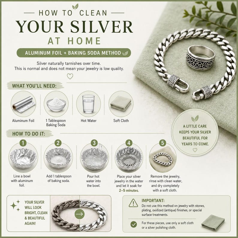 Pode incluir: Uma infografia intitulada How to Clean Your Silver at Home, detalhando o m&eacute;todo de folha de alum&iacute;nio e bicarbonato de s&oacute;dio. Apresenta uma pulseira de corrente de prata, um anel com padr&atilde;o e ilustra&ccedil;&otilde;es passo a passo para limpar joias.
