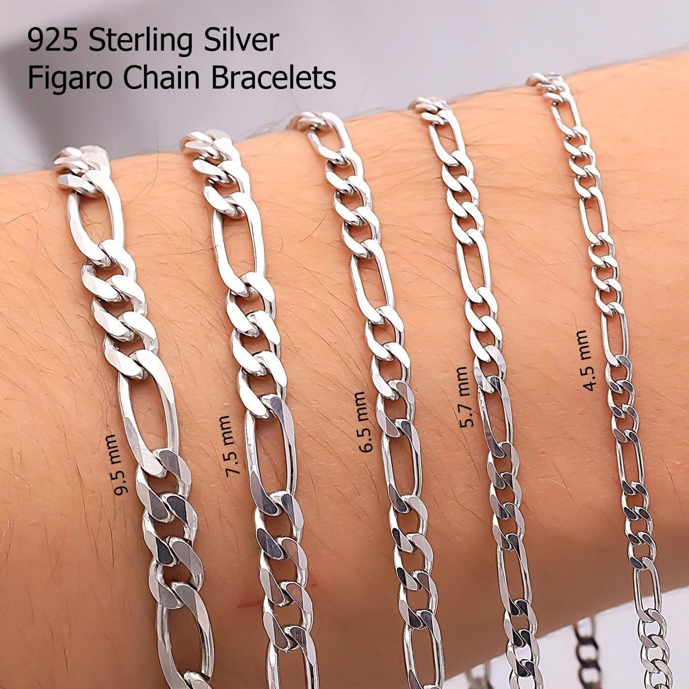 925スターリングシルバーフィガロチェーンブレスレットメンズ