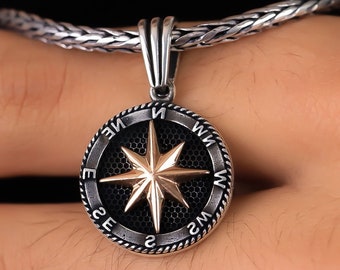 925 Sterling Silver Compass Pendant Men, Northstar Nautical Medallion Necklace Women, Birthday Anniversary Gift Jewelry Her Him Dad Son Kid