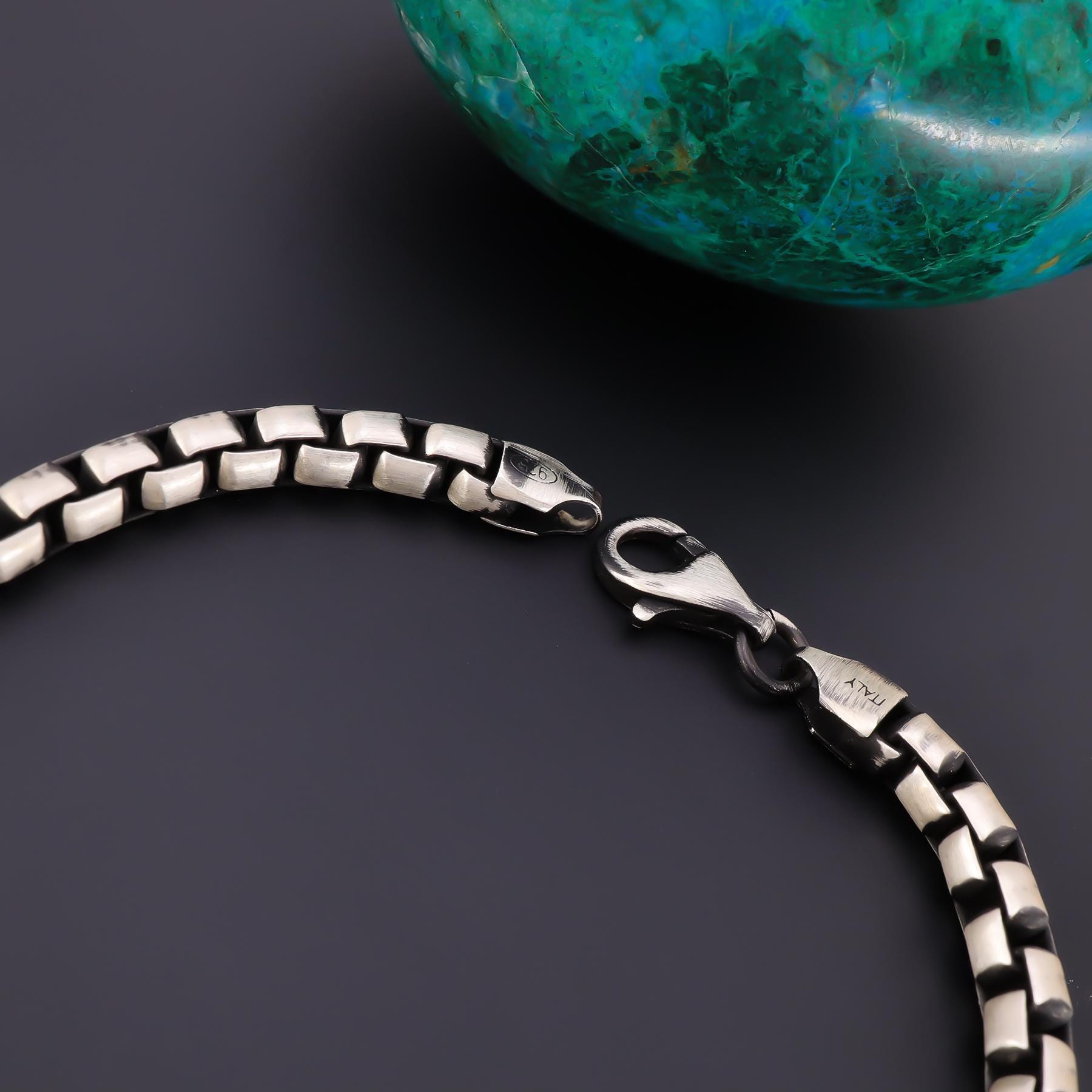 925 Sterling Silver Box Chain Bracelet Men, Italian Round Box Long