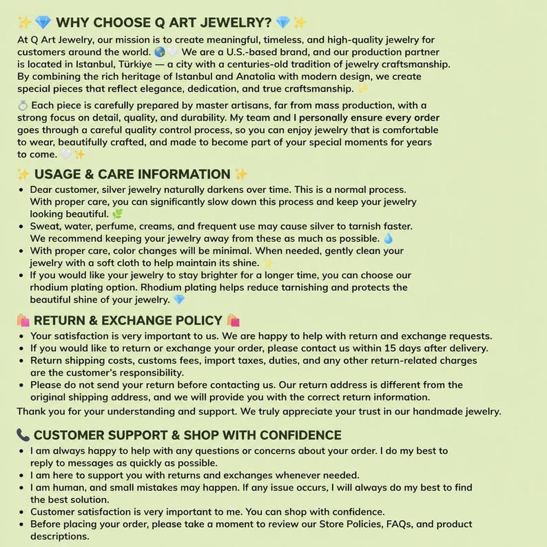 Pode incluir: Um gr&aacute;fico informativo verde-claro intitulado WHY CHOOSE Q ART JEWELRY? contendo texto sobre a miss&atilde;o da marca, instru&ccedil;&otilde;es de cuidado com joias, pol&iacute;ticas de devolu&ccedil;&atilde;o e detalhes de contato do suporte ao cliente da Q Art Jewelry.