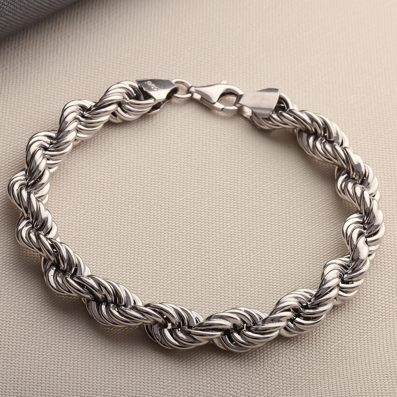 925 Sterling Silver Rope Chain Bracelet Men, Twist Diamond Cut
