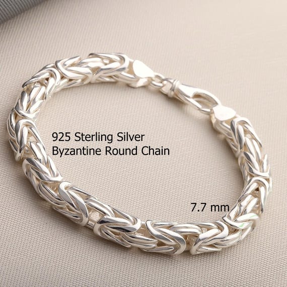 925 Sterling Silver Byzantine Chain Bracelet Women, Viking Round