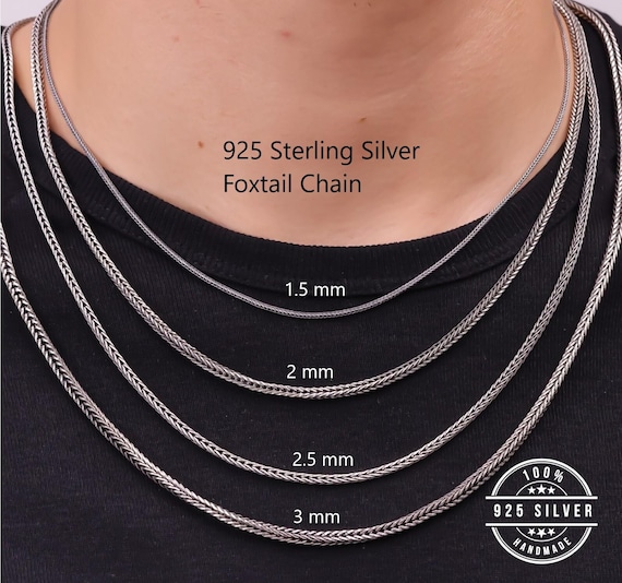 925 Sterling Silver Foxtail Chain Necklace Men, Wheat Oxidized