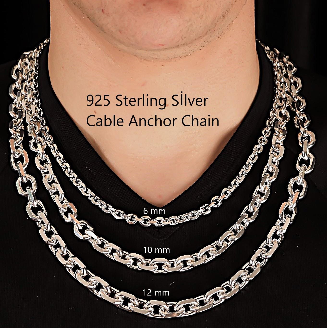 925 Sterling Silver Cable Chain Necklace Men, Anchor Thick Long