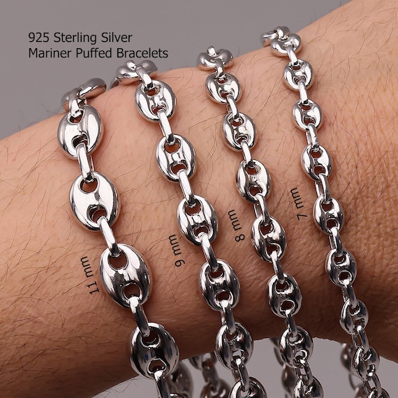 925 Sterling Silver Mariner Puffed Chain Bracelet Women, Italian
