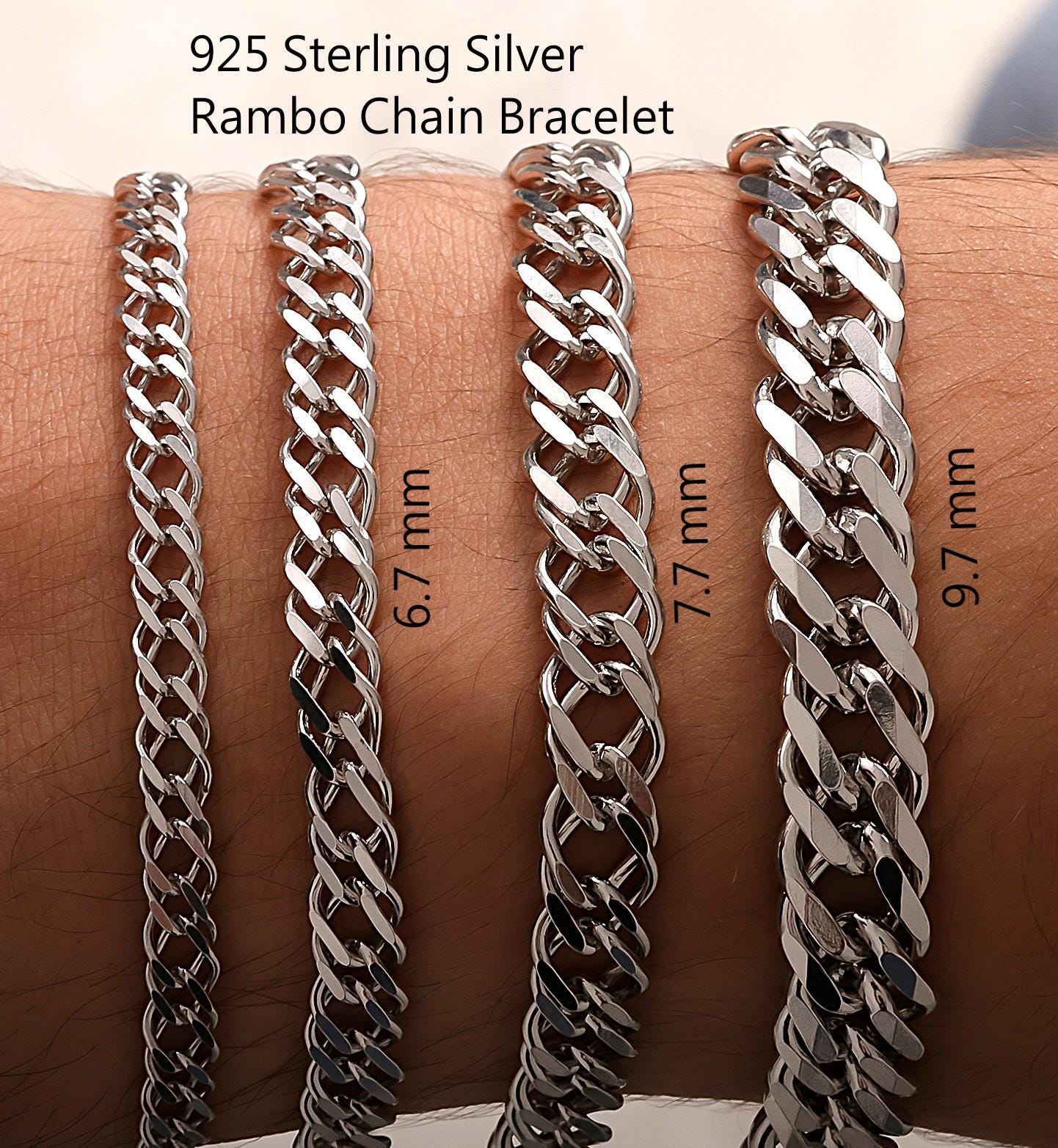 925 Sterling Silver Rambo Chain Bracelet Men, Double Curb Solid