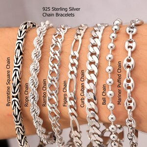 Pode incluir: Uma cole&ccedil;&atilde;o de pulseiras de corrente em prata esterlina 925, incluindo uma corrente quadrada bizantina, corrente de corda, corrente Rambo, corrente Figaro, corrente cubana, corrente de bolas e corrente de marinheiro no pulso.
