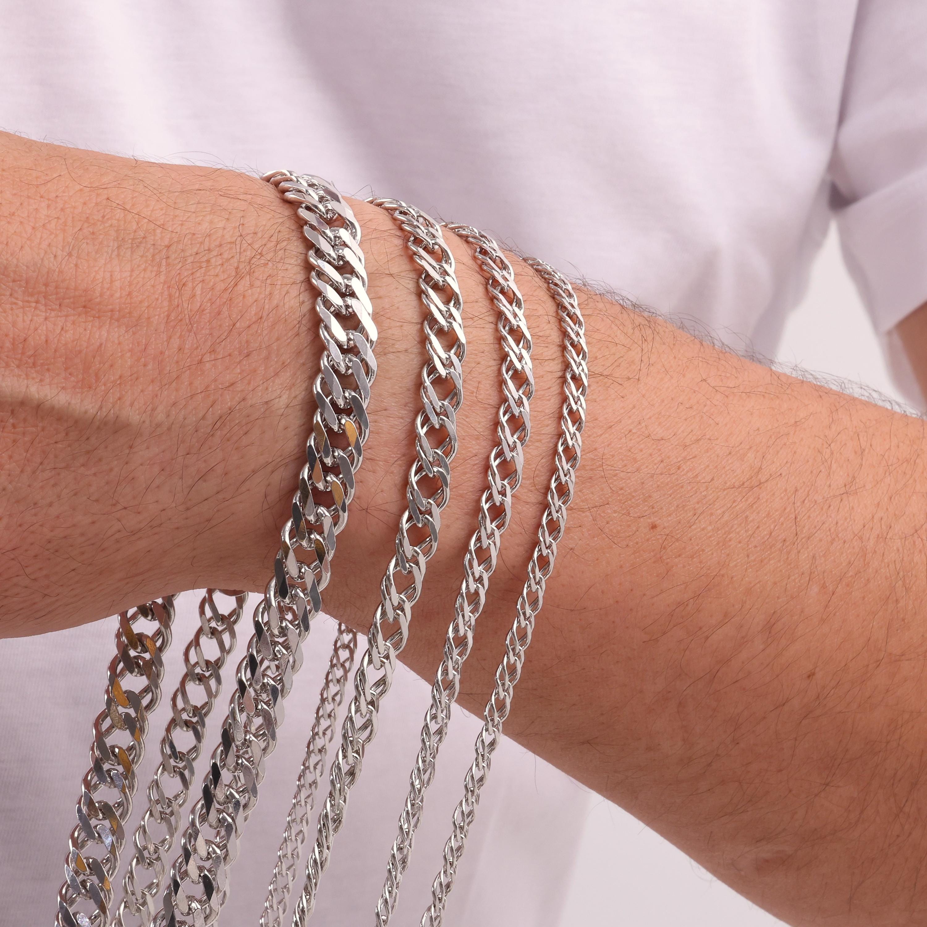 925 Sterling Silver Rambo Chain Bracelet Men, Double Curb Solid
