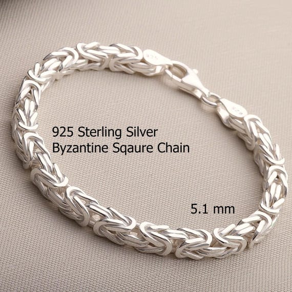 925 Sterling Silver Byzantine Chain Bracelet Women, Viking Square
