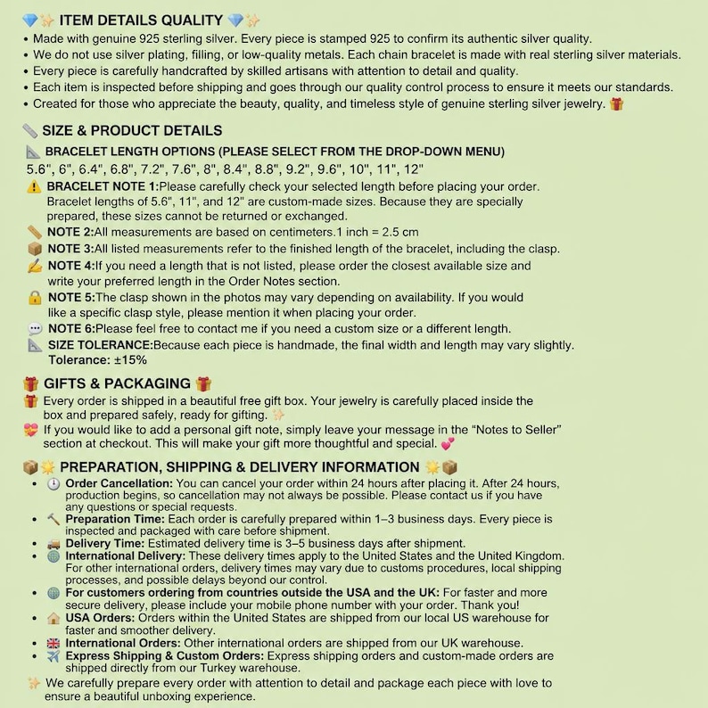 Pode incluir: Um gr&aacute;fico informativo com fundo verde claro detalhando as especifica&ccedil;&otilde;es de pulseiras de prata esterlina. Lista op&ccedil;&otilde;es de comprimento de 5,6 a 12 polegadas, padr&otilde;es de qualidade, toler&acirc;ncias de tamanho, embalagem para presente e informa&ccedil;&otilde;es de pedidos.