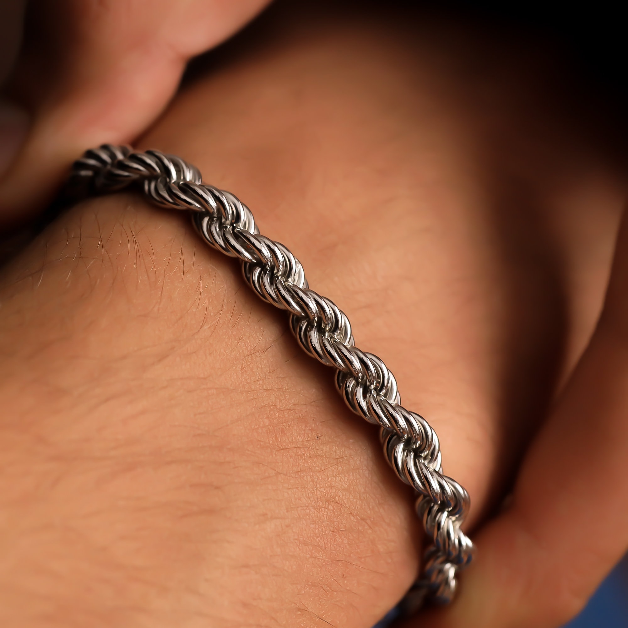 925 Sterling Silver Rope Chain Bracelet Men, Twist Diamond Cut
