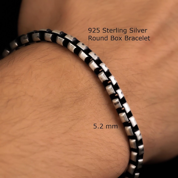 925 Sterling Silver Box Chain Bracelet Men, Italian Round Box Long