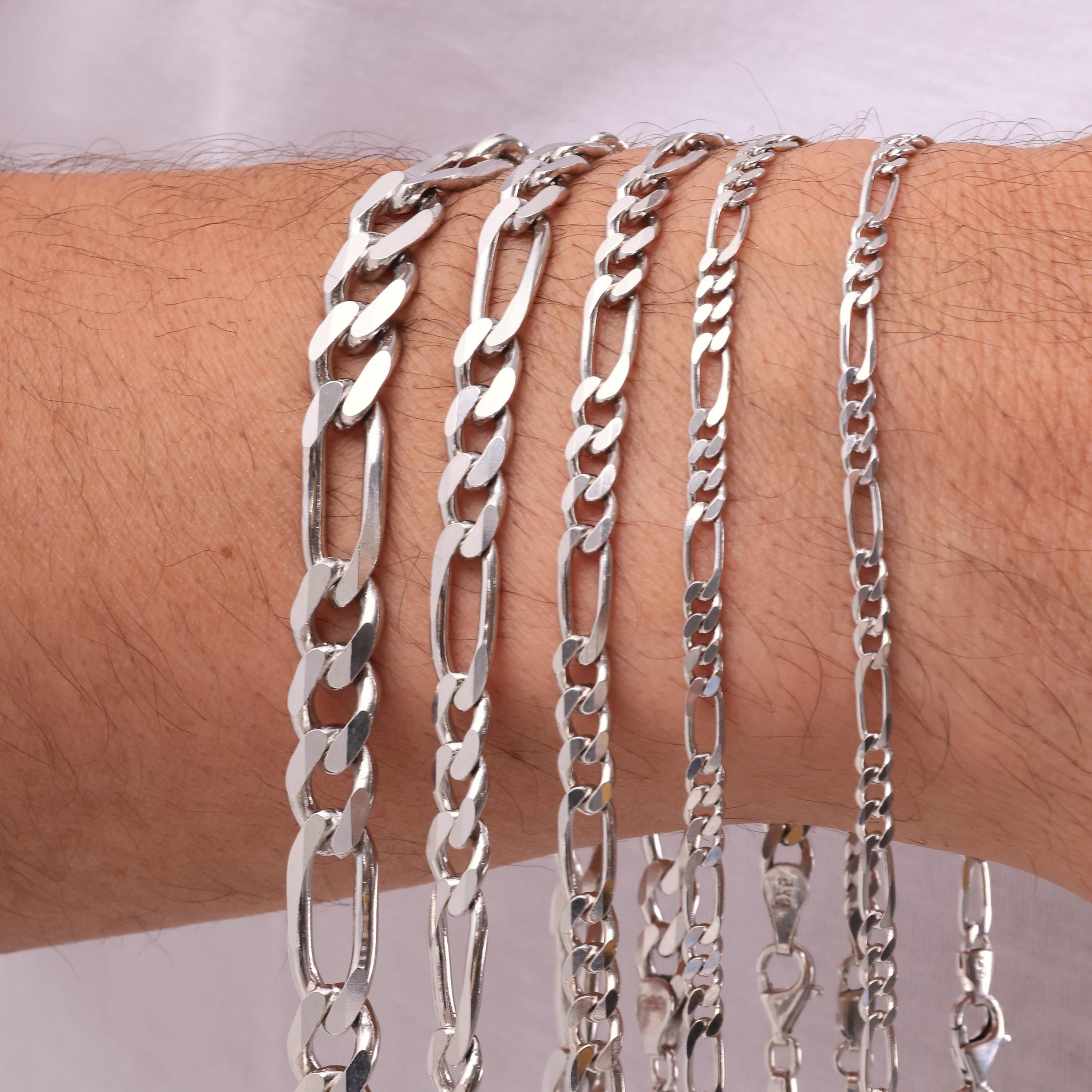 925 Sterling Silver Figaro Chain Bracelet Men, Figaro Solid Long