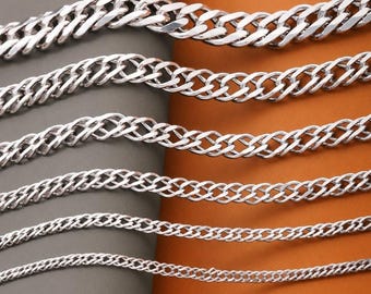 May include: Six 925 sterling silver Rambo chains of varying thicknesses arranged horizontally. Each chain features a polished, interlocking link design with a bright, reflective metallic finish. The text 925 Sterling Silver Rambo Chain is visible at the top.