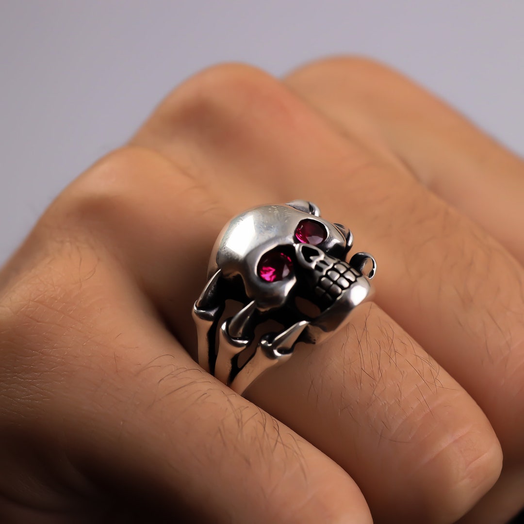 925 Sterling Silver Skull Ring Men Silver Biker Punk Ring Etsy