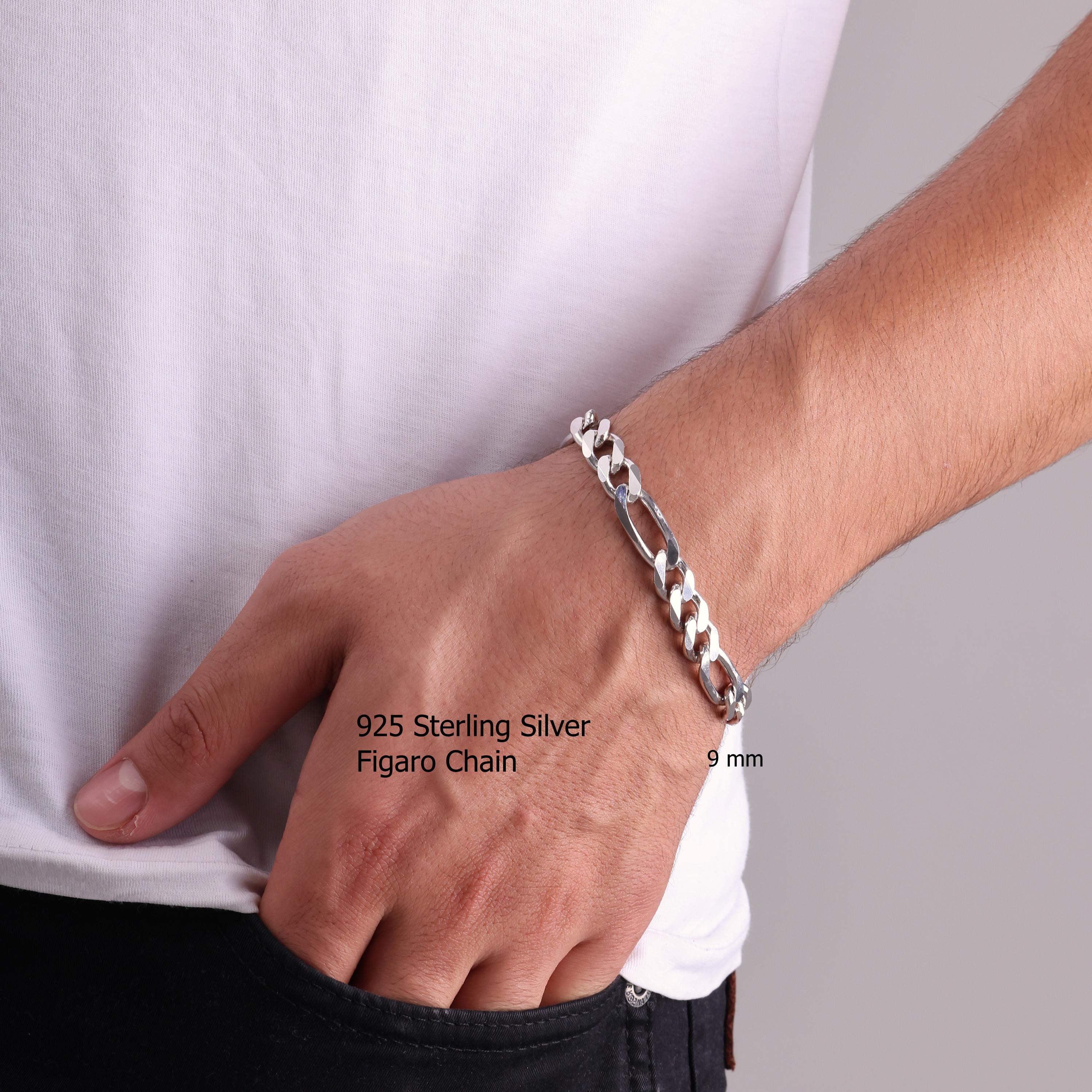 925 Sterling Silver Figaro Chain Bracelet Men, Figaro Solid Long