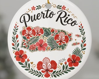 Puerto Rico ornament personalized, Puerto Rico map floral keepsake, Boricua Christmas ornament, Isla del Encanto Puerto Rican gift