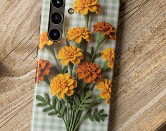 Green Floral Phone Case, Cottagecore Gingham Marigold Cover for iPhone & Samsung, Checkered October Birthday Gift for Her