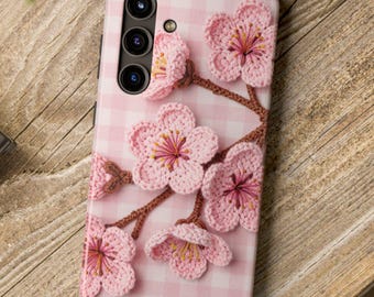 Cherry Blossom Phone Case, Pink Cottagecore Gingham Sakura Cover for iPhone & Samsung, Checkered Floral Spring Birthday Gift