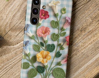 Blue Floral Phone Case, Cottagecore Gingham Morning Glory Cover for iPhone & Samsung, Checkered September Birthday Gift