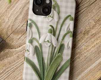 Cottagecore Floral Phone Case, Snowdrop Gingham Checkered Cover for iPhone & Samsung, January Birth Flower Gift for Her