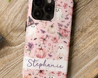 Spooky Floral Phone Case, Personalized Pink Ghost Witch and Pumpkin, Cute Coquette Halloween Case for iPhone & Samsung