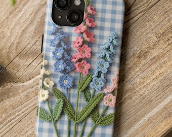 Larkspur Phone Case, Blue Cottagecore Gingham Floral Cover for iPhone & Samsung, Checkered July Birth Flower Gift for Her