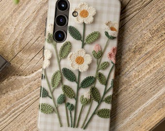Gingham phone case -  primroses | neutral gingham phone case | Faux crochet | February birth flower