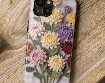 Purple Floral Phone Case, Cottagecore Gingham Chrysanthemum Cover for iPhone & Samsung, Checkered November Birthday Gift for Her