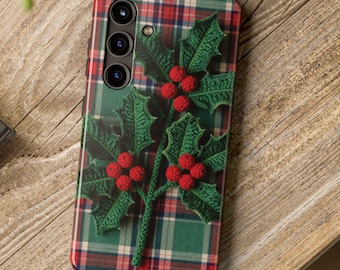 Plaid Christmas Phone Case, Faux Crochet Holly December Birth Flower Gift, Cottagecore Tartan Cover for iPhone & Samsung, Stocking Stuffer