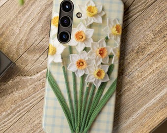 Floral phone case - Faux yarn or faux crochet narcissus with blue and yellow plaid phone case