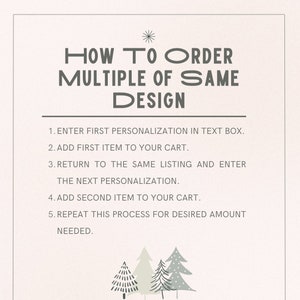 May include: Instructions on how to order multiple items of the same design. The text explains how to personalize each item and add it to your cart. The image also includes a graphic of three stylized Christmas trees.