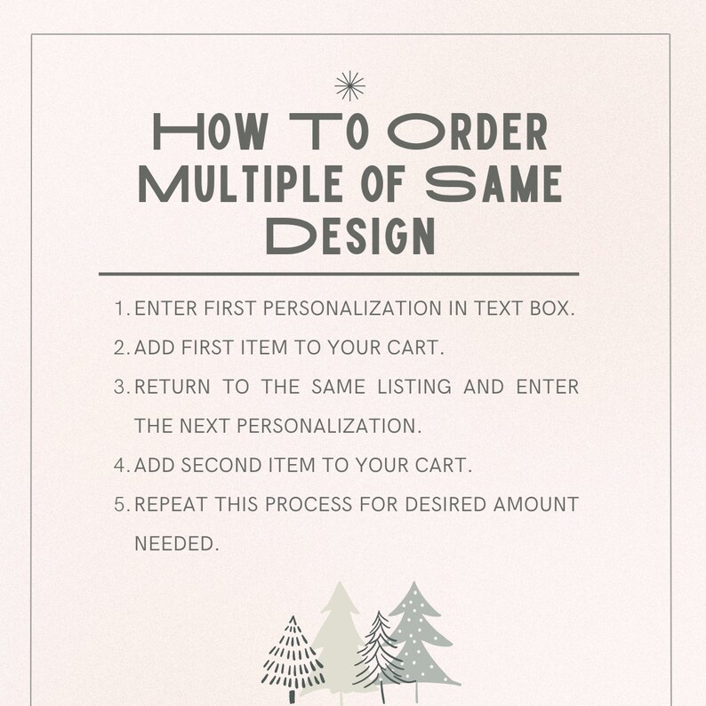 May include: Instructions on how to order multiple items of the same design. The text explains how to personalize each item and add it to your cart. The image also includes a graphic of three stylized Christmas trees.