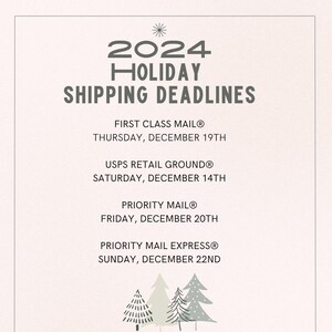 May include: A graphic with the text "2024 Holiday Shipping Deadlines" and a list of shipping deadlines for First Class Mail, USPS Retail Ground, Priority Mail, and Priority Mail Express. The graphic also features a stylized image of three evergreen trees.