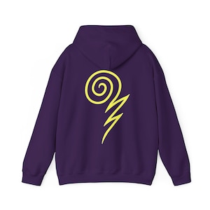 May include: Purple hoodie with a yellow lightning bolt and spiral design on the back.