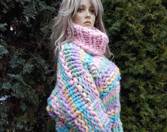 Asymmetric Hand knit Super Chunky Knit Turtleneck from merino wool