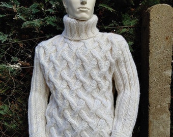 MEN'S Hand knitted cable turtleneck sweater from wool 100%