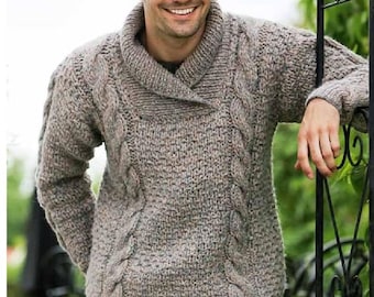 Men's hand-knitted cable shawl collar sweater from 100% wool